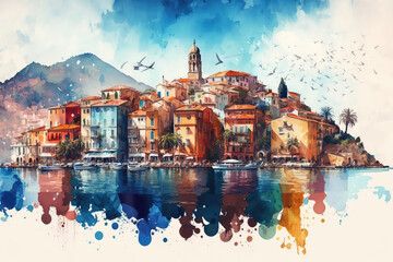 illustration painting of the town near the sea, art of water color (ai generated)