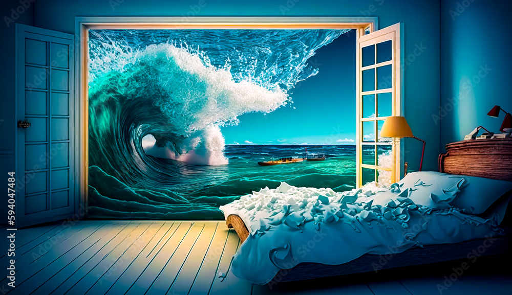 Aufkleber bedroom with large wave coming out of the window and view of the ocean. generative ai.