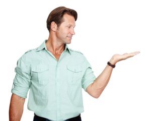 Looking, smile and man with palm space isolated on a transparent png background. Product placement, hand offer and happiness of person with advertising, marketing or branding for commercial promotion