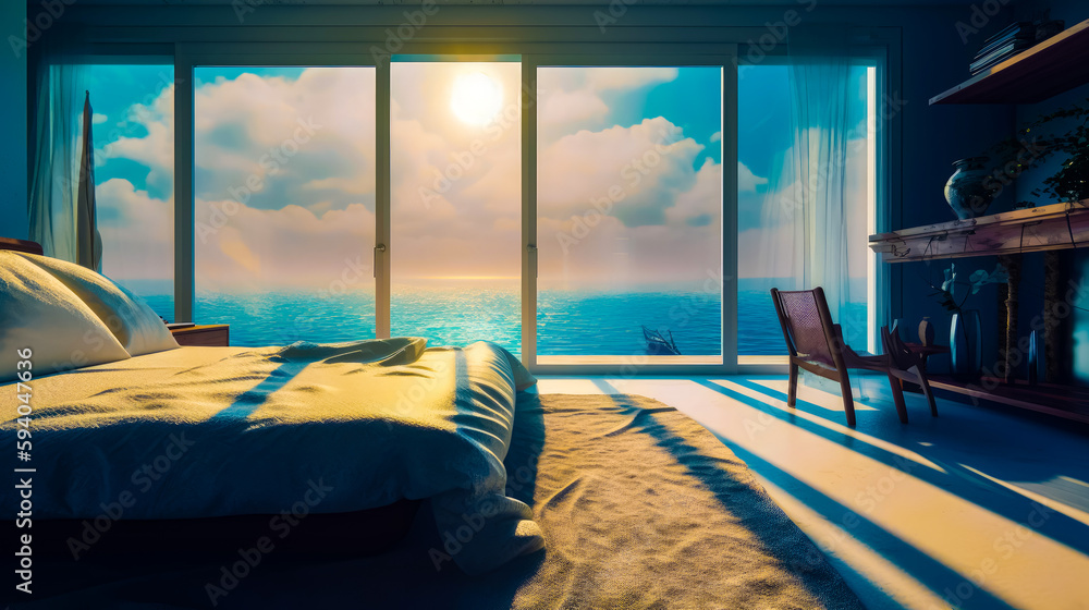Poster bedroom with view of the ocean and the sun shining through the window. generative ai.