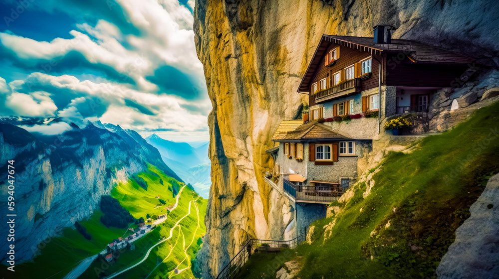 Poster house on the side of cliff with mountain in the background. generative ai.