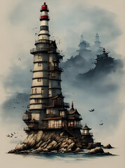 Cartoon style painting of Lighthouse. Concept. AI generated illustration