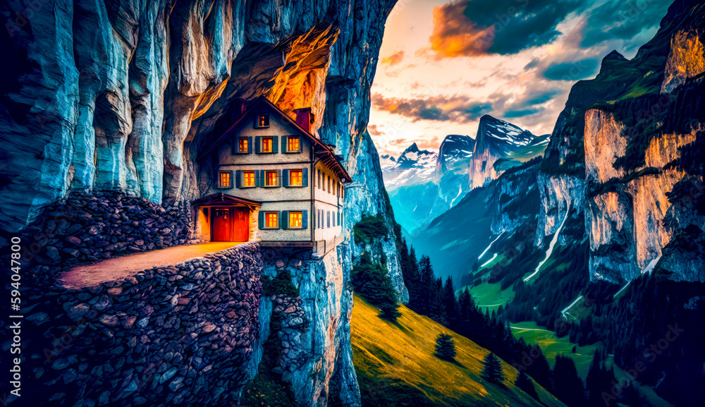 Poster small house built into the side of cliff with mountains in the background. generative ai.