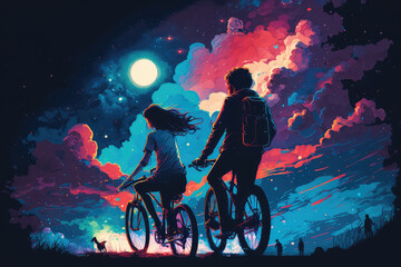 illustration painting of lover riding on bicycle against night sky with colorful clouds, digital art style. (ai generated)
