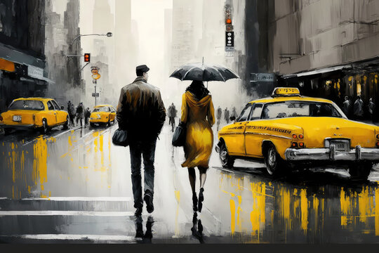 illustration painting on canvas, street view of New York, man and woman, yellow taxi, modern Artwork, American city, illustration New York (ai generated) © ImagineDesign