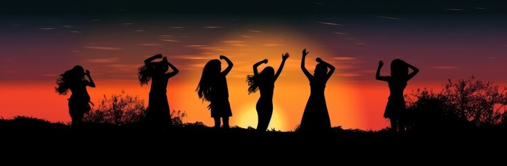 Sunset Uplift: Silhouettes of People Raising Hands Together (AI Generated)