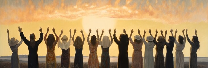 Celebratory Sunset: People Raising Hands in Primitive Simplicity (AI Generated).