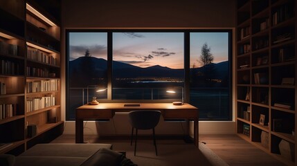 Find your inner peace in this peaceful library at dusk Created using generative AI