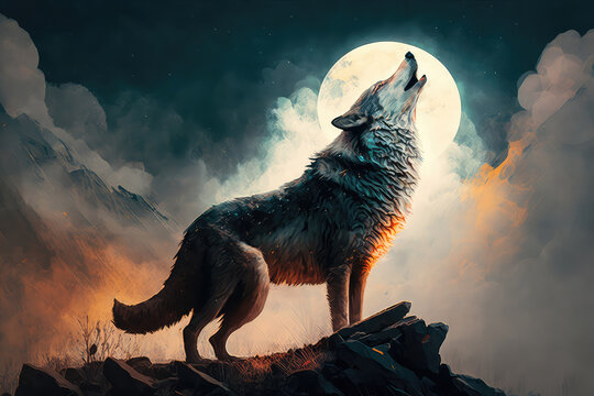 Digital illustration art painting a wolf howling in the wild, big fool moon and clouds is background. terrible, horror lonely, scary, creepy concept. (ai generated)
