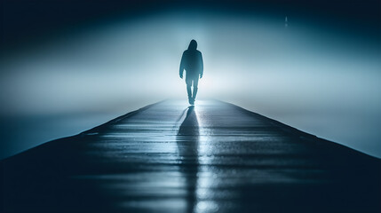 A surreal and dreamlike image of a lone figure walking along a deserted city street at night