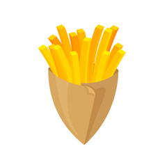 French fries. Fried potato in a paper package. Fast food template. Vector illustration in trendy flat style isolated on white background.