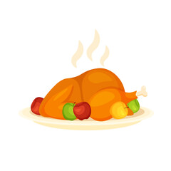 Baked turkey stuffed with apples. Roast chicken on a plate. Fried meat. Food icon. Vector illustration in trendy flat style isolated on white background.