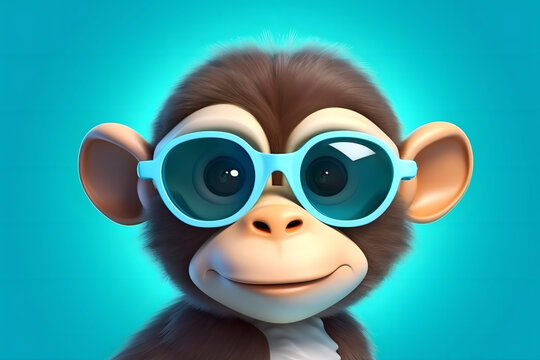 Cute Mongkey wearing trendy sunglasses on colorful Blue background, AI