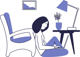 Girl working on a laptop at home. Freelancing vector scene.