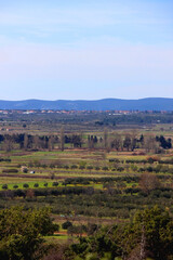 Naklejka premium Agricultural fields in village Vrana, south Croatia. early spring, aerial view. 