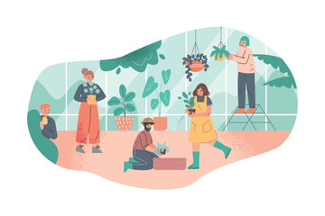 Man and Woman Character at Greenhouse Planting and Cultivating Crops Vector Illustration
