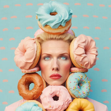 woman with donuts. photo of a woman with donuts. many donuts
AI generated