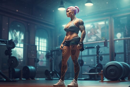 full figured muscular fitness body, feminine bodybuilder vixen wearing short shorts and tattoos in gym, animecore hyperrealistic. generative AI
