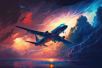 illustration painting of planes flying in the storm, city, Digital Art Illustration Painting Hyper Concept Art (ai generated)