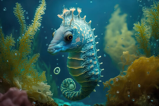 Image for 3d floor. Underwater world. Cute Seahorse. corals. (ai generated)