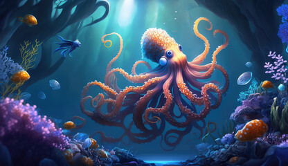 Fototapeta na wymiar Image cartoon for 3d floor. Underwater world. Cartoons Octopus. corals. (ai generated)
