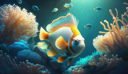 Animals of the underwater sea world. Ecosystem. Yellow tropical fish. Life in the coral reef. (ai generated)