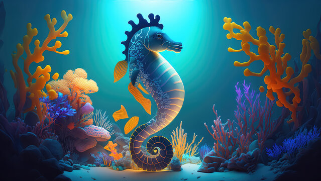 Image cartoon for 3d floor. Underwater world. Seahorse. corals. (ai generated)