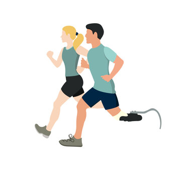 A Woman And A Man With A Prosthetic Leg Are Jogging. Flat. 