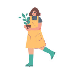 Woman Character at Greenhouse Carrying Flower in Pot Planting and Cultivating Vector Illustration