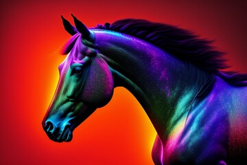 A multicolor painted horse with red background. Vibrant colorful horse isolated on red gradient background. Generative AI Technology