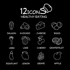 Collection of right nutrition line icons on black background. Thin outline icon pack. Vector illustration