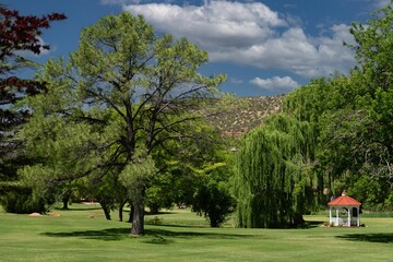 Fototapeta na wymiar Weeping willow and gazebo with red roof on a green lawn in Sedona, AZ, USA