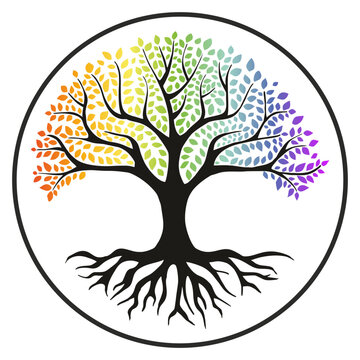Tree of life spiritual logo icon isolated rainbow leaves circle