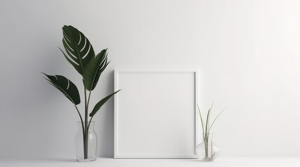 Empty square frame mockup in modern minimalist interior with plants on white wall background. AI generated