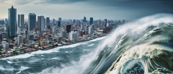 generative ai illustration of a monster tsunami approaching a city - obrazy, fototapety, plakaty