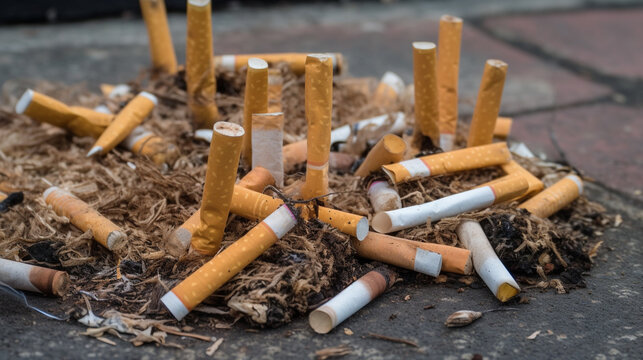 a lot of discarded burnt cigarette butts with some ash,  Created using generative AI tools.