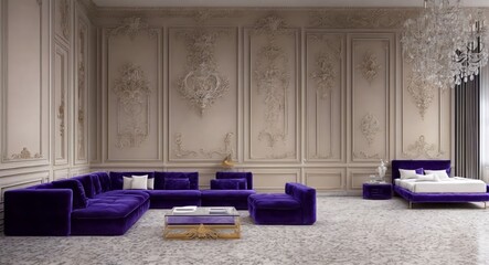 Obraz na płótnie Canvas Photo of a luxurious living room with purple couches and a glamorous chandelier