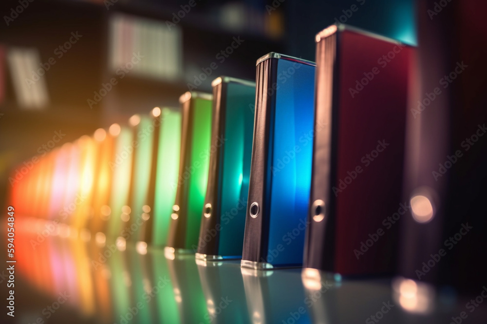 Poster a row of colorful office binders on a shelf, with blurred bokeh lights in the background - business 