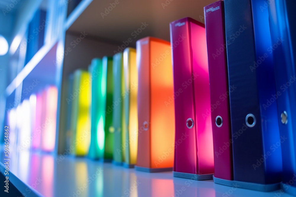 Poster A row of colorful office binders on a shelf, with blurred bokeh lights in the background - business concept, bokeh Generative AI