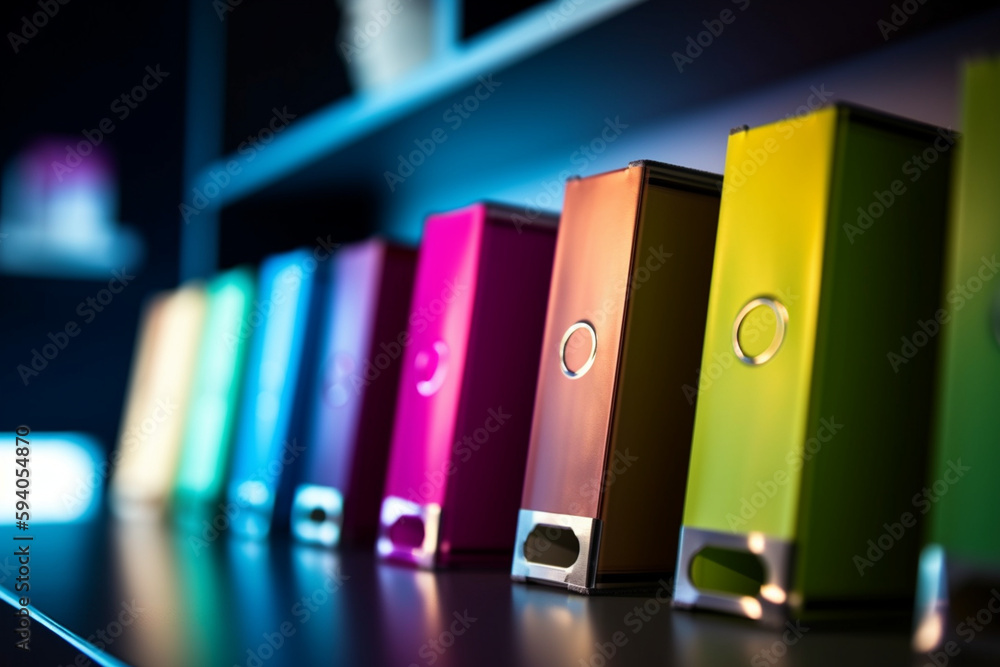 Poster a row of colorful office binders on a shelf, with blurred bokeh lights in the background - business 