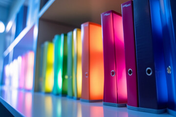 A row of colorful office binders on a shelf, with blurred bokeh lights in the background - business concept, bokeh Generative AI