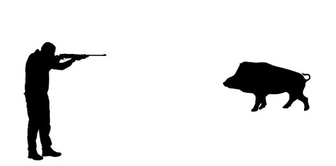 Aiming hunter man with shotgun rifle shooting wild boar vector silhouette illustration isolated on white. Outdoor hobby  hunting male hog. Shooter kill animal outdoor sport hobby. Male primal instinct - obrazy, fototapety, plakaty