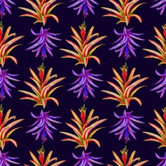 Fototapeta na wymiar seamless pattern with bromelia on darck blue background