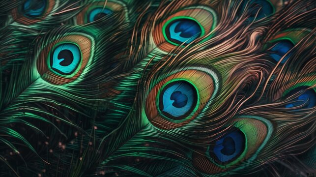 A close up of a bunch of peacock feathers. Generative AI