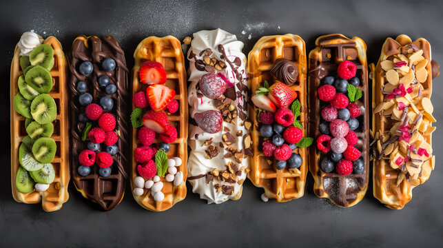 Belgian waffles in a row with different toppings, AI generative sweets