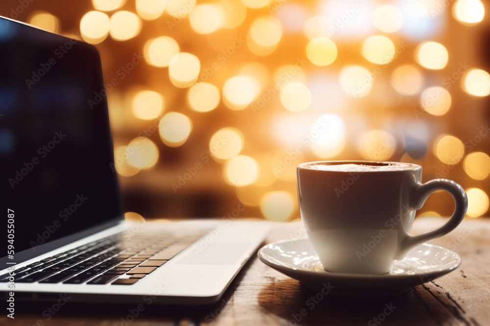 Poster a close-up of a coffee cup and a laptop on a table with bokeh lights, portraying a productive work e