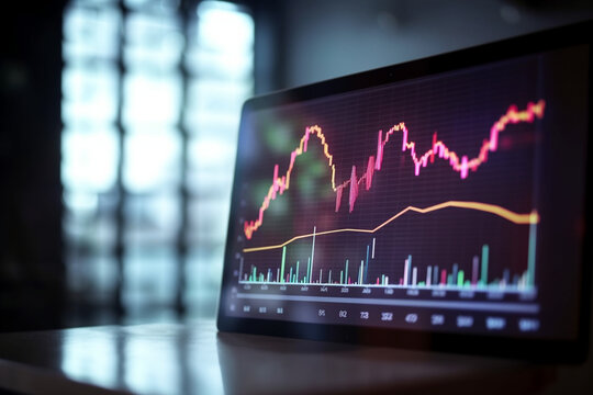 A close-up of a financial chart on a computer screen with bokeh lights in the background, representing business analytics - business concept, bokeh Generative AI