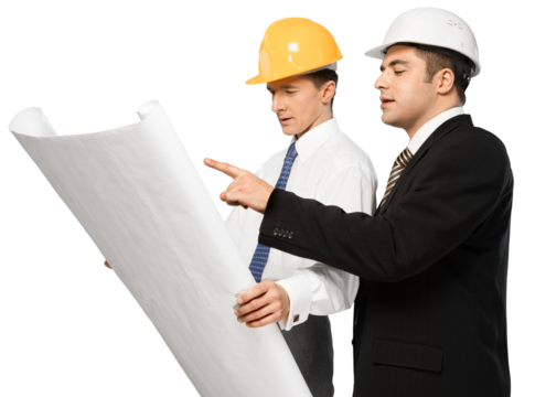 Two Male Architects Looking at Plan, Isolated