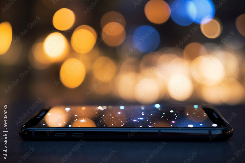 Poster an abstract close-up of a mobile phone with bokeh lights, symbolizing modern communication in busine