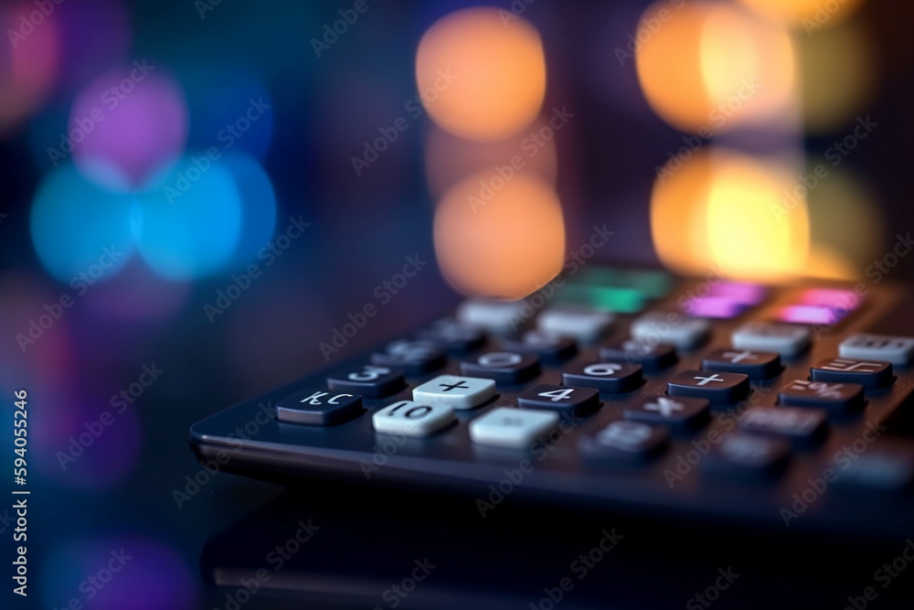 Poster an abstract close-up of a calculator with bokeh lights, symbolizing financial calculations in busine